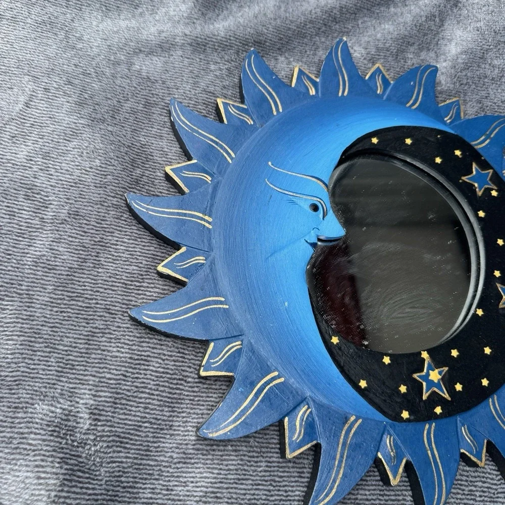 Vintage 90s Celestial Sun Moon Stars Mirror 12in Hand Painted Whimsygoth Navy